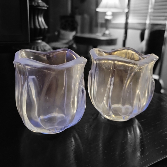 Vintage Tulip Flower Clear Glass Decorative Votive Candle Holders Set of 2 - Picture 6 of 6